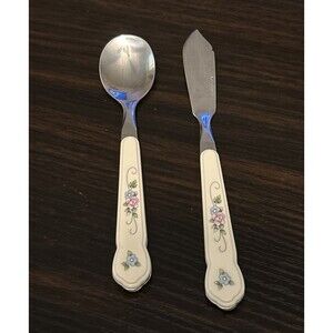 Vtg Pfaltzgraff Tea Rose Child Spoon & Butter Knife Set Floral Flatware Replace